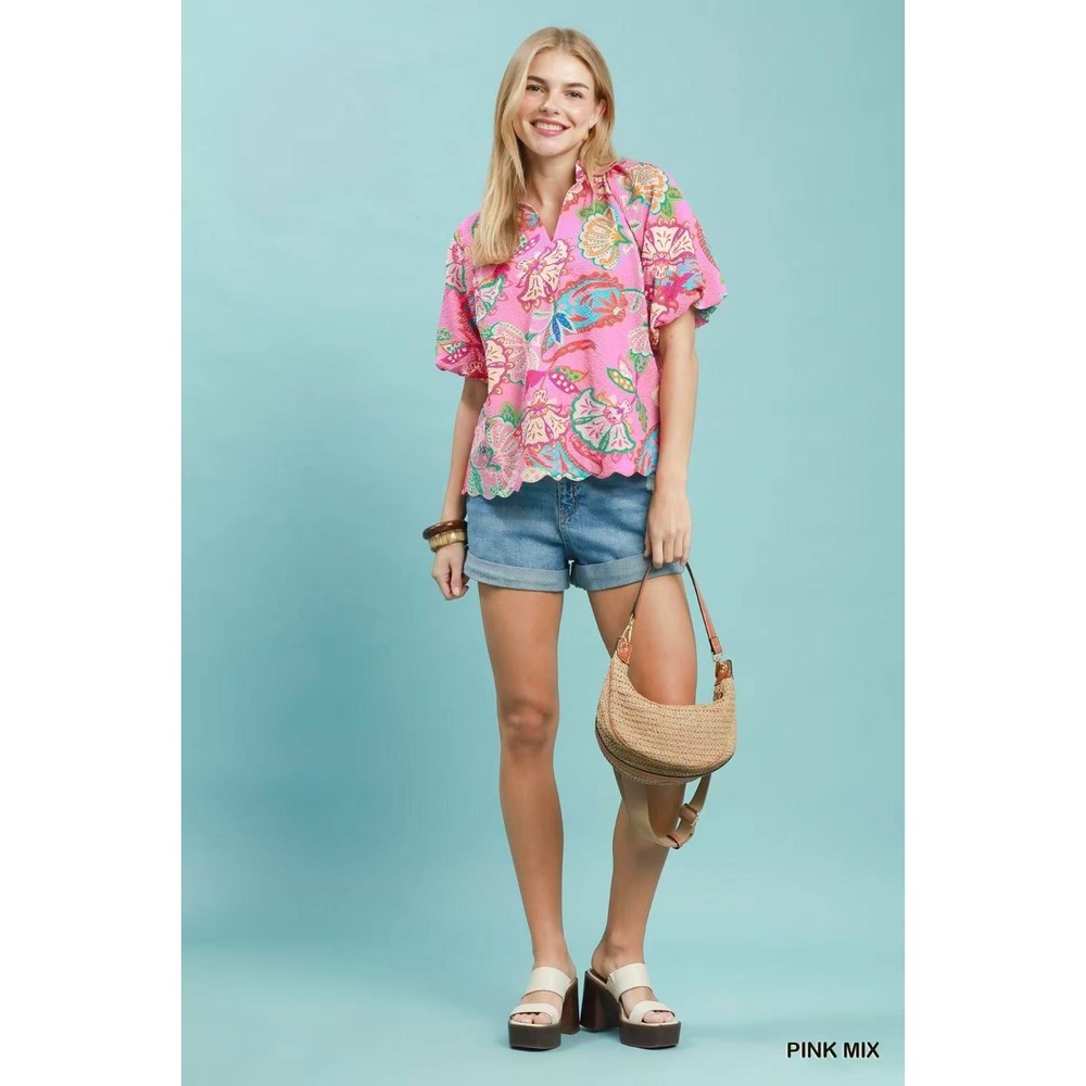 Umgee Mix Floral Print Scallop Hem Blouse - Pink mix - medium - Picture 5 of 5